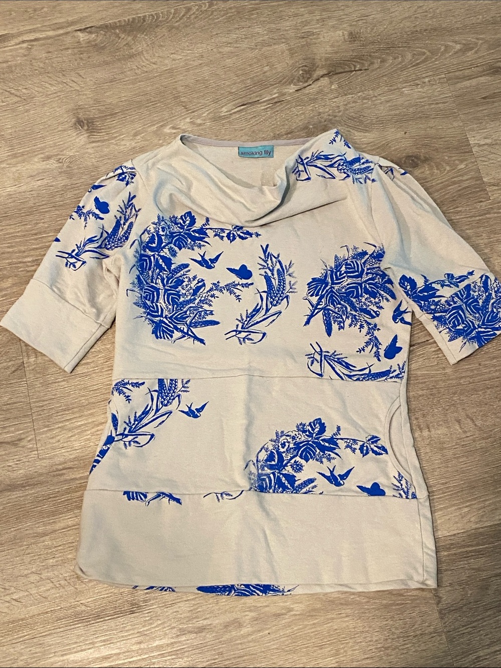 Smoking Lily (Victoria) Print Cowl-Neck Sweater Top with pockets.